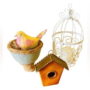 Little bird lot for spring & Easter decor vignettes pedestal nest cage birdhouse